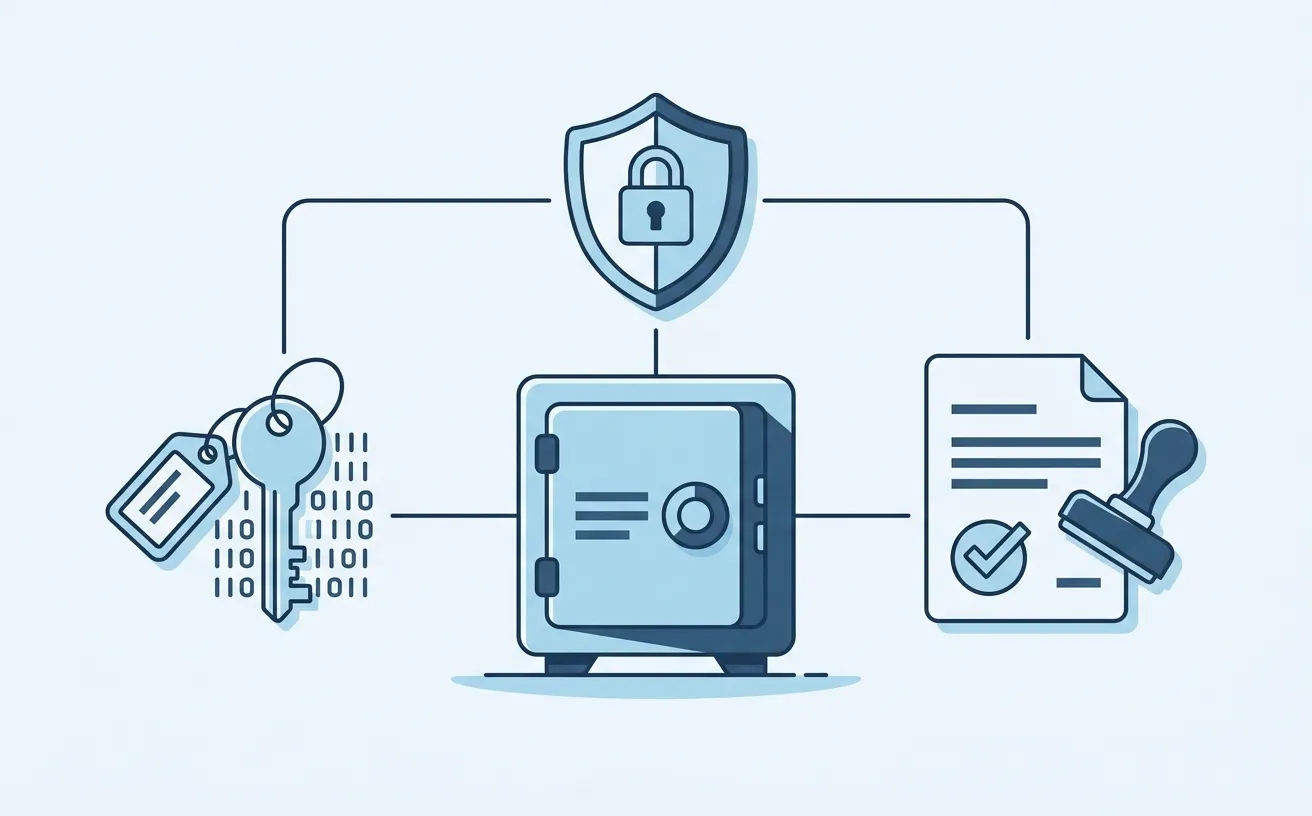 Digital-asset custody - stylized diagram of keys, vault, and transaction signing